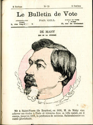 Cover of “” Le Bulletin de vote””, Satirique en Couleurs, 1877: De Mahy - Illustration by Louis Alexandre Gosset de Guines (Gill) (1840-1885)