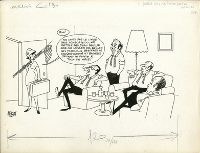 Le Figaro, Satirique en N & B, 1977_7_2: President of the Republic, Vacances - Giscard d'Estaing Valery, Mitterrand Francois, Marchais Georges, Chirac Jacques - Illustration by Jacques Faizant (1918-2006)