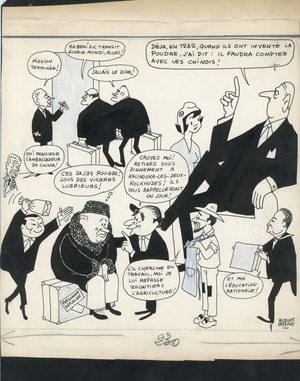 Candide, Satirique en N & B, 1964_10_22: China, President of the Republic, USSR, Armchair (symbol of power) - De Gaulle Charles, Pompidou Georges, Krouchev, Couve de Murville, Pisani - Illustration by Jacques Faizant (1918-2006)