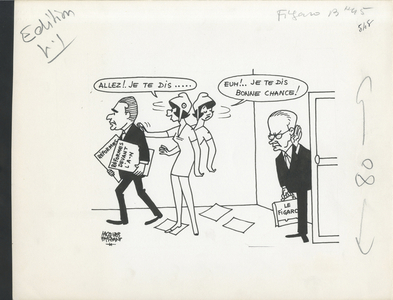 Le Figaro, Satirique in N & B, ca. 1971_6_8: Figaro, Identifier - Marianne, Chaban Delmas Jacques - Illustration by Jacques Faizant (1918-2006)