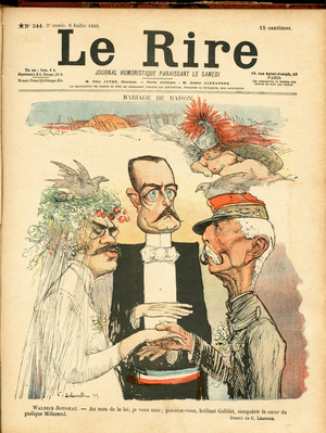 The Laughter, Satirical in Colours, 1899_7_8: Marriage of Reason - President of the Republic, Hat - Waldeck Rousseau Pierre (1846-1904), Galliffet Gaston of (1830-1909), Millerand Alexandre (1859-1943) - Illustration by Charles Leandre (1862-1934)