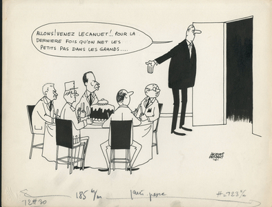 Paris-Presse, Satirique en N & B, 1965_10_16: Elections, President of the Republic - De Gaulle Charles, Mitterrand Francois, Tixier-Vignancour, Lecanuet Jean - Illustration by Jacques Faizant (1918-2006)