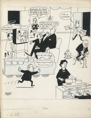 Candide, Satirique en N & B, 1964_12_10: Social, Greve, President of the Republic, Teheran, Armchair (symbol of power) - De Gaulle Charles, Pompidou Georges, De Gaulle Yvonne - Illustration by Jacques Faizant (1918-2006)