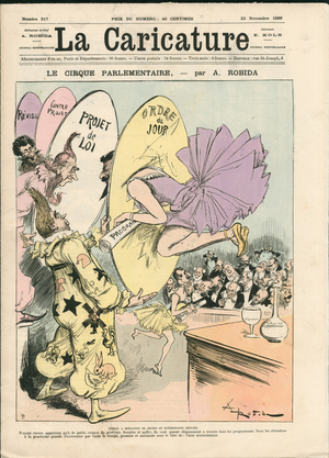 La Caricature (1880), 1889_11_23 - Illustration by Albert Robida (1848-1926): The parliamentary circus - Chamber of Deputes Hemicycle National Assembly, Circus - Clown - Carnival/Game/Circus