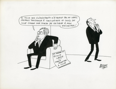 Le Figaro, Satirique en N & B, 1984_2_27: Teaching, President of the Republic, Lille - Mitterrand Francois, Mauroy Pierre - Illustration by Jacques Faizant (1918-2006)