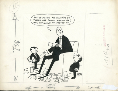 Paris-Presse, Satirique en N & B, 1967_1_3: President of the Republic, Original drawing, Armchair (symbol of power) - De Gaulle Charles, Pompidou Georges, Debre Michel - Illustration by Jacques Faizant (1918-2006)