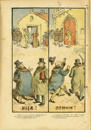 Illustration of Achille Lemot (1846-1909) in Le Pelerin, 1896-3-29 - Yesterday Tomorrow - Religion Faith, Taxes, Bank, Church Cathedrals, Catholic Catholicism - Laicisation Laicite Laiques - Monks
