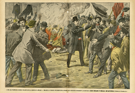 Illustration by Eugene Damblans (1865-1945) in Le Pelerin, 30/04/05 - One of the first violent scenes of the Limoges strike. Despite the late intervention of the mayor, the grevists ransack the yard of the Haviland factory and burn an automobile - Social, Automobile, Greve, Red Flag, Industrial Factories, Revolt Rivers, Fire, Limoges - Worker Worker, Mayor