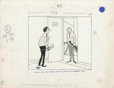 Days of France, Satirique en N & B, 1966_3_5: Humor, Music, Violin, Trumpet - Illustration by Jacques Faizant (1918-2006)
