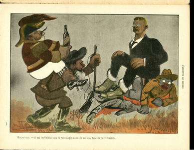 L'Assiette au Beurre, number 64, Satirique en couleurs, 1902_6_28: Colonization, America, England Great Britain, Cuba, Anticolonialism - Edward VII (1841-1910), Roosevelt Theodore, Noir, President (lithograph)