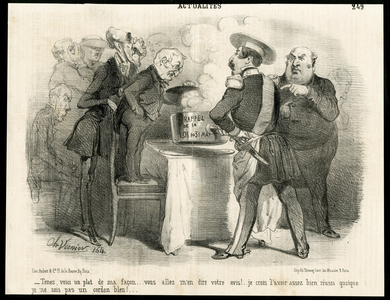 Illustration by Charles Vernier (? -1887) in Le Charivari, circa 1851-11 - Reminder of the law of 31 May 1850 - Elections, President of the Republic, Size, Law, Voting rights - Thiers Adolphe, Napoleon III, Dupin Andre-Marie dit Dupin aine (1783-1865) - Metaphore alimentaire