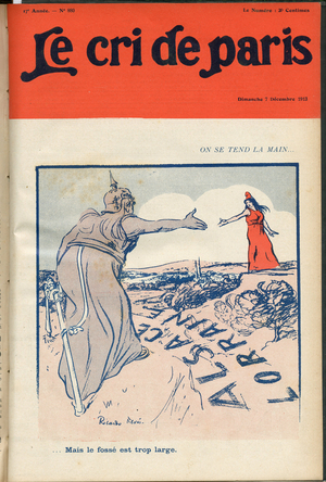 Cover of “” The Cry of Paris””, 1913_12_7 - Illustration by Ricardo Flores (1878-1918): We reach out... but the pit is too wide - Germany Prussia, Alsace Lorraine, Couple, War of 14-18 first mices - Marianne, Germania