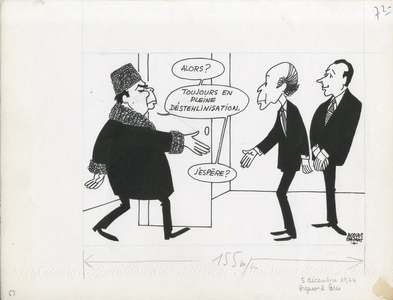 Le Figaro, Satirique in N & B, ca. 1974_12_5: President of the Republic, USSR, Official Visit - Giscard d'Estaing Valery, Brejnev, Chirac Jacques - Illustration by Jacques Faizant (1918-2006)
