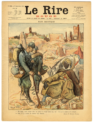 Cover of “” The Red Laughter””, Satirical in Colors, 1918_9_7: Colonization, War of 14 -18, Algeria, Soldier's Life, Destruction Buildings, Maghreb - Illustration by Ricardo Flores (1878-1918)