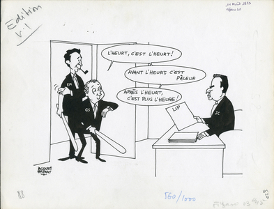 Le Figaro, Satirique en N & B, 1973_8_11: Social, CGT, Lip - Seguy Georges, Maire Edmond, Charbonnel Jean - Illustration by Jacques Faizant (1918-2006)