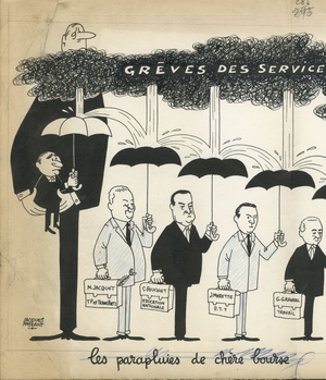 Le Nouveau candide, Satirique en N & B, ca. 1964_3_12: Social, Greve, Function publique, President of the Republic - De Gaulle Charles, Pompidou Georges, Fouchet Christian, Jacquet Marc, Marette J, Granval G - Illustration by Jacques Faizant (1918-2006)