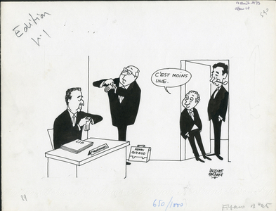 Le Figaro, Satirique en N & B, 1973_8_14: Social, CGT, Lip - Seguy Georges, Maire Edmond, Charbonnel Jean, Giraud Henry - Illustration by Jacques Faizant (1918-2006)