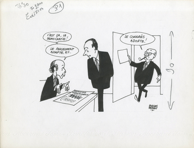 Le Figaro, Satirique in N & B, ca. 1974_10_22: President of the Republic, Constitution - Giscard d'Estaing Valery, Chirac Jacques - Illustration by Jacques Faizant (1918-2006)