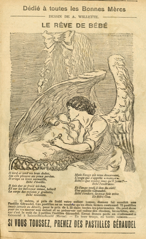 Illustration of Adolphe dit Willette (1857-1926) in Le Pelerin, 22/12/07 - The baby's dream - Reclamation Publicity, Maternity - Angel