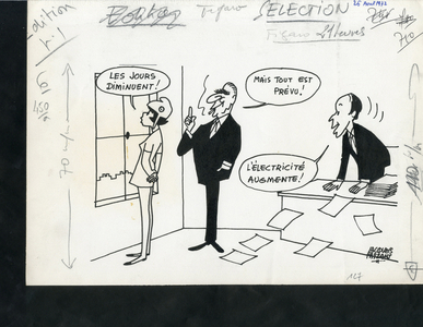 Le Figaro, Satirique en N & B, 1972_8_26: President of the Republic, Life dear, Electricite - Marianne, Giscard d'Estaing Valery, Pompidou Georges - Illustration by Jacques Faizant (1918-2006)