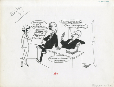 Le Figaro, Satirique en N & B, 1974_8_23: Budget Finance, Impots, President of the Republic - Marianne, Giscard d'Estaing Valery, Fourcade Jean-Pierre - Illustration by Jacques Faizant (1918-2006)