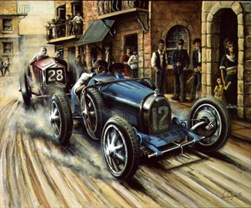 Bugatti and Alfa, Targa Floria in 1926, 1995 (acrylic on canvas)