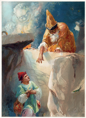 Aladdin and the Magician, illustration from 'Once Upon a Time' published by Ernest Mister, c.1900 (colour litho)
