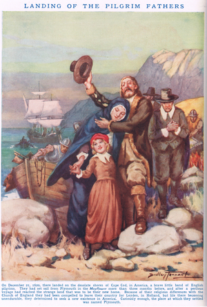 Landing of the Pilgrim Fathers, illustration from 'Newnes' Pictorial Book of Knowledge' (colour litho)
