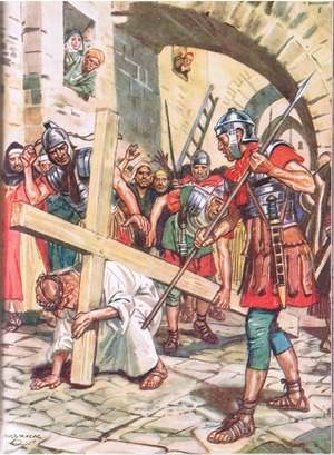 Jesus led forth to be crucified, illustration from 'Through the Bible' by Theodora Wilson, published 1945 (colour litho)
