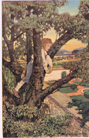 A boy in a tree, from 'A Child's Garden of Verses' by Robert Louis Stevenson, published 1885 (colour litho)