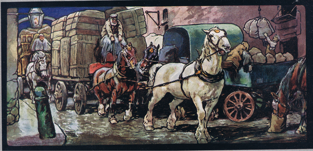Cart horses, illustration from 'Helpers Without Hands' by Gladys Davidson, published in 1919 (colour litho)