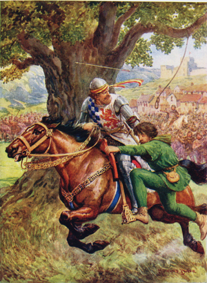 Robin Hood rescues Little John, illustration from 'Robin Hood and his Life in the Merry Greenwood', told by Rose Yeatman Woolf, published by Raphael Tuck, 1910-20 (colour litho)