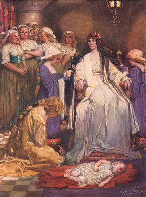 The Princess Sits in Judgement, illustration from 'The Children's Tennyson: Stories in Prose and Verse from Alfred Lord Tennyson' by May Byron, 1910 (colour litho)