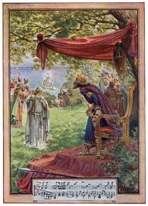 The Coming of the Unknown Knight, illustration from 'Wagner's Lohengrin', published by George Routledge, 1901 (colour litho)