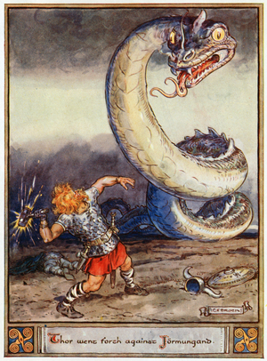 'Thor went forth against Jormungand', illustration from 'The Heroes of Asgard, tales from Scandinavian Mythology', by A & E Keary, 1930 (colour litho)