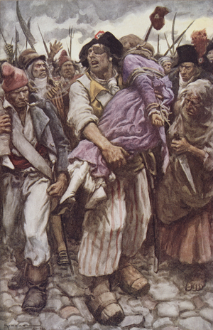 The Scarlet Pimpernel to the Rescue, illustration for 'The Scarlet Pimpernel' by Baroness Orczy (1865-1947) (colour litho)