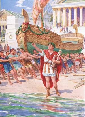 'Then Orpheus took his harp and began his magic song', illustration for 'How they built the ship "Argo" in Iolcos', from The Heroes of Greek Fairy Tales, by Charles Kingsley (1819-75) (colour litho)