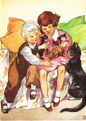 Children with Cats, from 'The Second Holiday Book', by Enid Blyton (1897-1968) (colour litho)