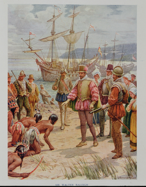 Sir Walter Raleigh (1552-1618) landing at Virginia, 1584 from 'Heroes of History', pub. by Raphael Tuck & Son Ltd., London (book illustration)