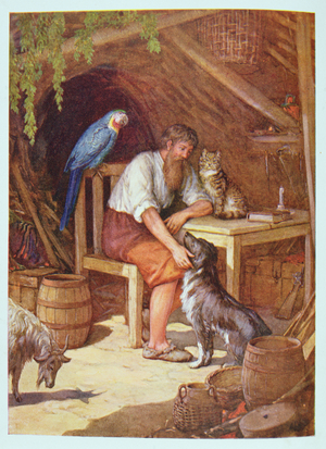 Robinson Crusoe in his Hut, illustration from 'Robinson Crusoe' by Daniel Defoe (1660-1731) (colour litho)