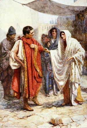 How comes it now, my husband, that thou art then estranged from thyself? illustration from 'Comedy of Errors' in 'Stories from Shakespeare: Retold by Thomas Carter' published c.1910 (colour litho)