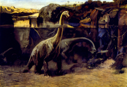 Dinosaurs in their natural habitat, plate 25 from 'Prehistoric Animals' by Dr. Joseph Augusta, published 1940's (colour litho)