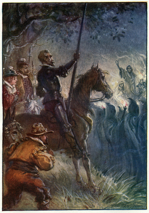 Then the figure in the gown stood up, illustration from 'The Adventures of Don Quixote', published by G. Bell & Sons, Ltd., 1911 (colour litho)