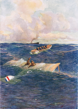 'The Lifeboat of 'The Mary of Denmark' Rescuing Hawker and Grieve', illustration from 'Brave Deeds by Brave Men', by C. Sheridan Jones, pub. 1922 (litho)
