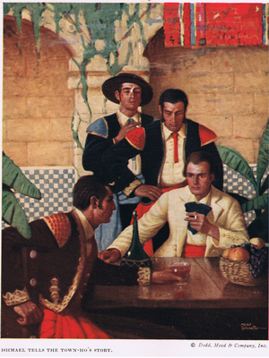 Ishmael tells the town-ho's story, illustration from 'Moby-Dick' by Herman Melville (colour litho)