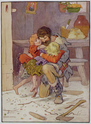 Hansel and Gretel return, illustration from 'The Beautiful Book of Nursery Rhymes, Stories and Pictures', by Frank Adams, published by Blackie & Son (colour litho)
