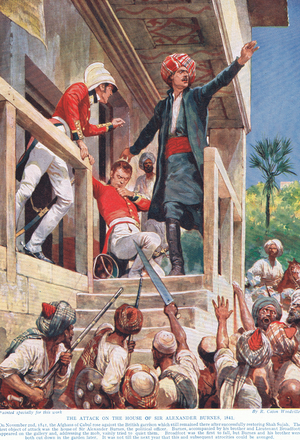 The Attack on the House of Sir Alexander Burnes, c.1910 (colour litho)