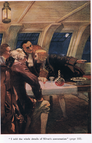I told them of Silver's conversation, illustration from 'Treasure Island' by Robert Louis Stevenson (colour litho)