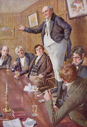 Mr Pickwick Adresses the Club, illustration for 'Character Sketches from Dickens' compiled by B.W. Matz, 1924 (colour litho)
