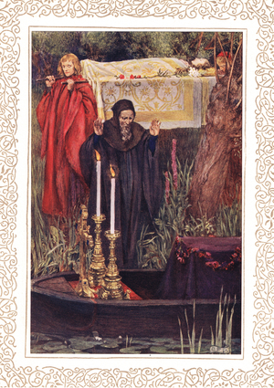 So those two bretheren from the chariot took and on the black decks laid her in her bed, illustration from 'Idylls of the King' by Alfred Tennyson (1809-92), published by Hodder & Stoughton, 1910 (colour litho)